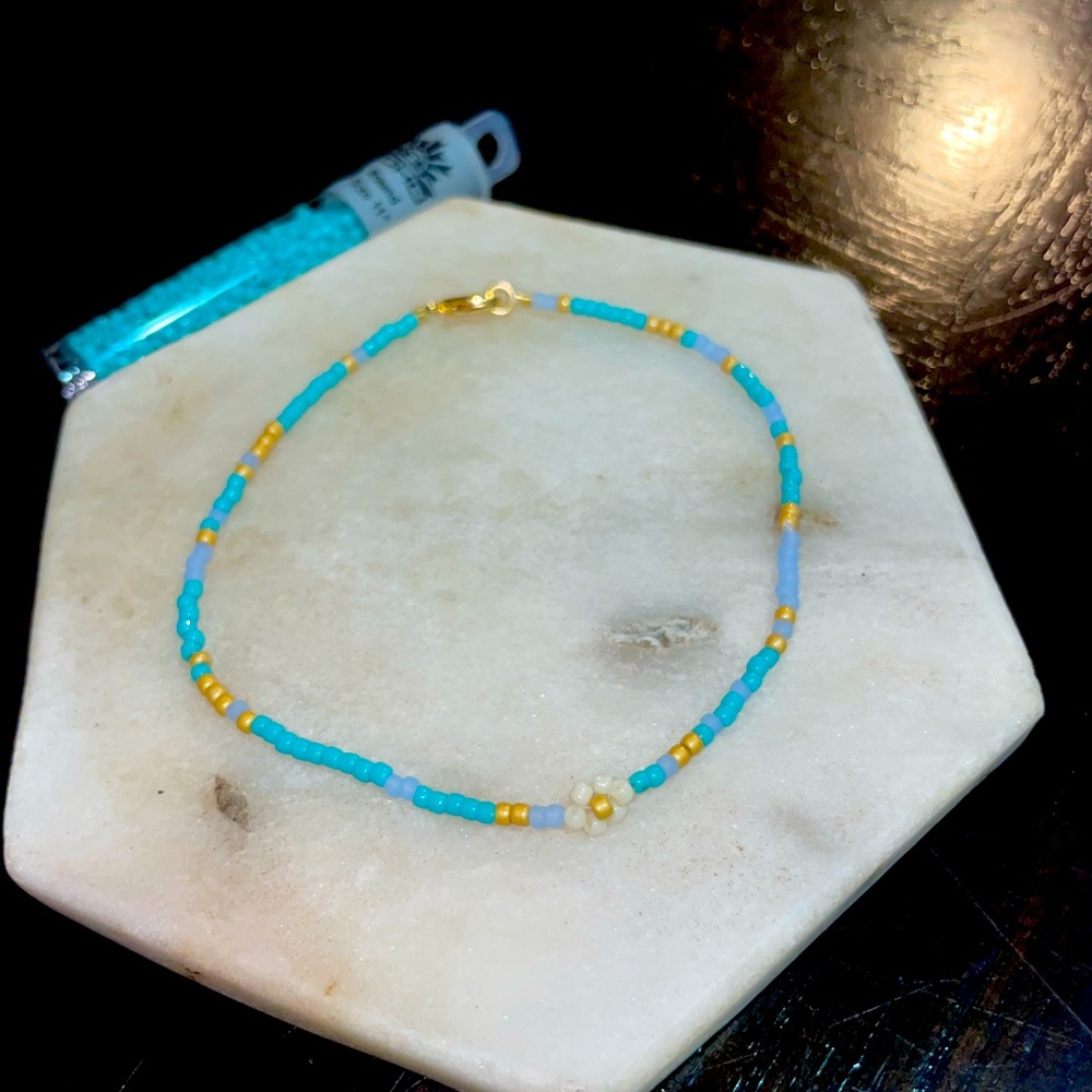 Seed bead anklet, made with Japanese seed beads and gold plated hardware.